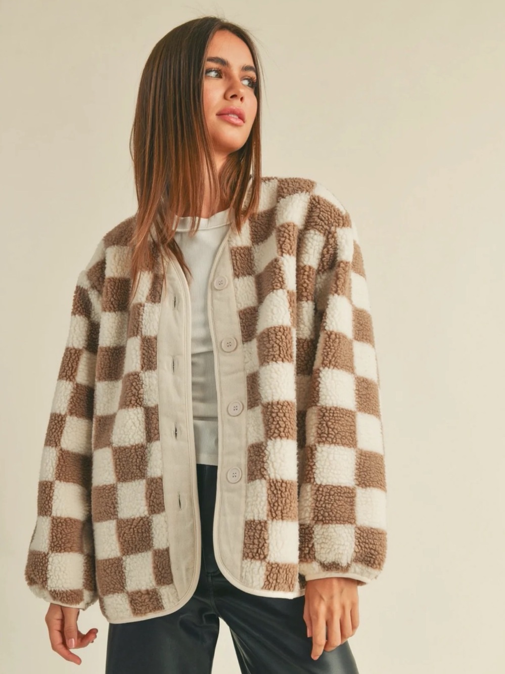 MIOU MUSE Checked Sherpa Fleece Jacket - Brown & Cream